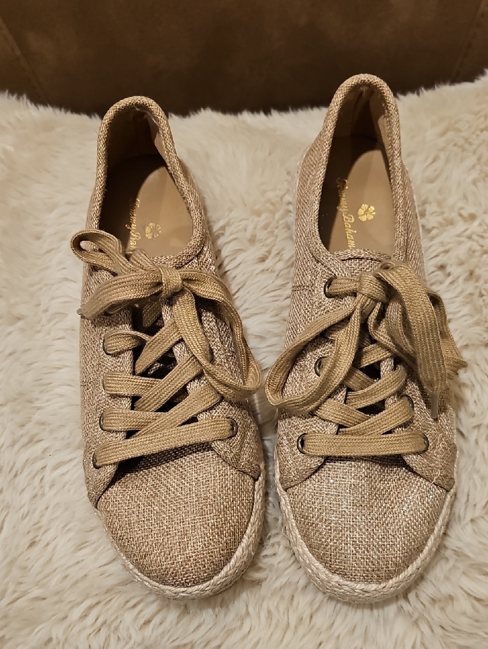Tommy Bahama Shimmwe Tan Espadrille Lace-Up Sneakers Sz 8.5 NWOB